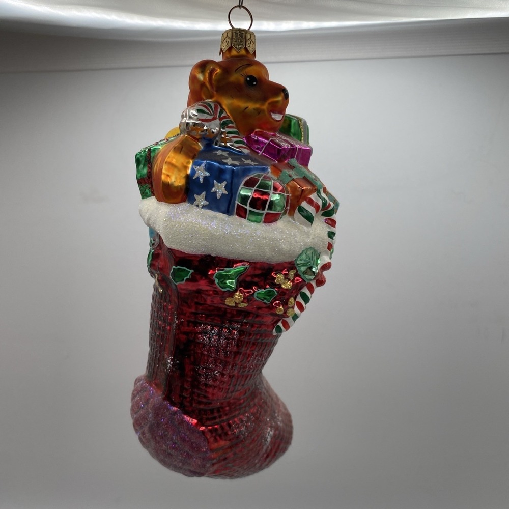 Radko Christmas Stocking Glass Ornament Red Teddy Bear Horn Gifts - Picture 6 of 16